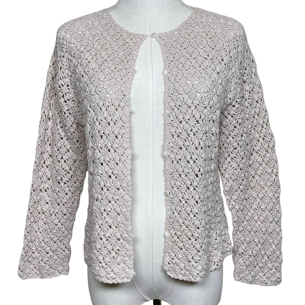 Vintage Eddie Bauer Crochet Cardigan Women's L Beige‎ Linen Cotton Knit Cottage